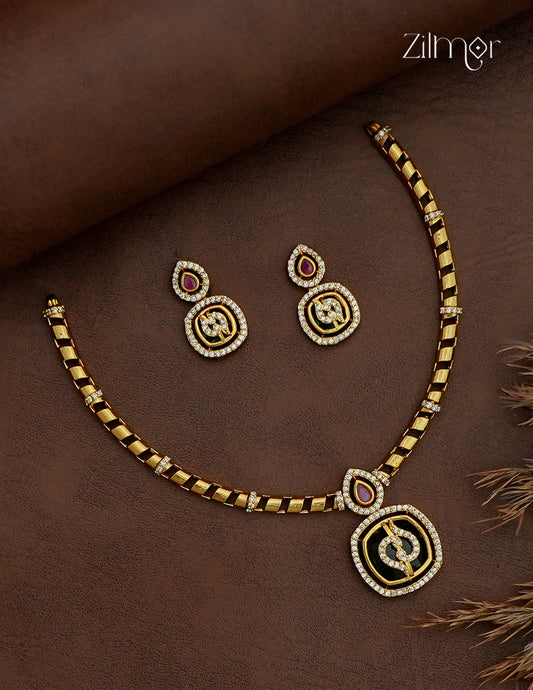 Premium Antique Ad Stone Necklace Set with Matching Earrings - SC1012765