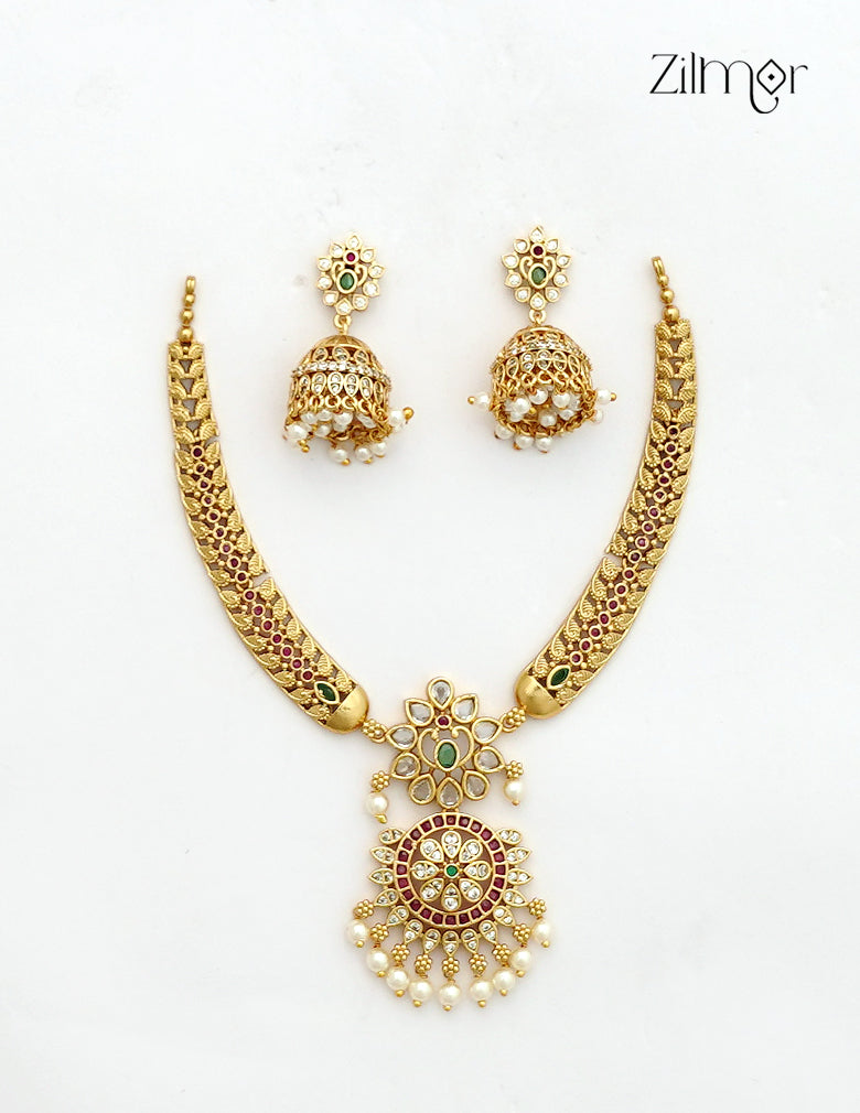 Antique Ad Stone Pearl Hanging Necklace Set with Matching Earrings - SC1012737