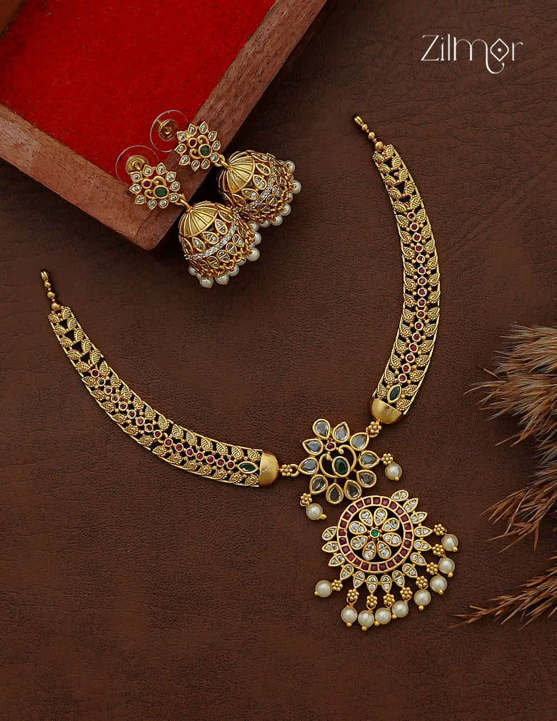 Antique Ad Stone Pearl Hanging Necklace Set with Matching Earrings - SC1012737