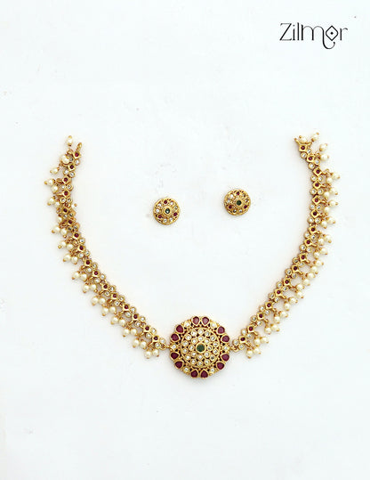 Premium Antique Ad Stone Pearl Hanging Necklace Set with Matching Earrings - SC1012742