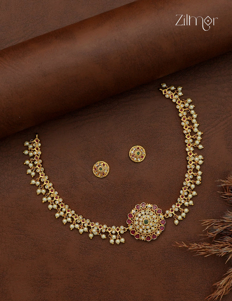 Premium Antique Ad Stone Pearl Hanging Necklace Set with Matching Earrings - SC1012742