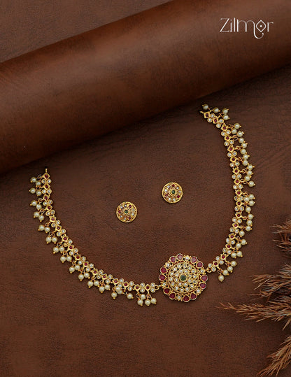 Premium Antique Ad Stone Pearl Hanging Necklace Set with Matching Earrings - SC1012742