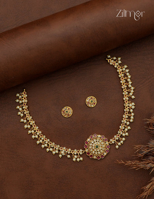 Premium Antique Ad Stone Pearl Hanging Necklace Set with Matching Earrings - SC1012742