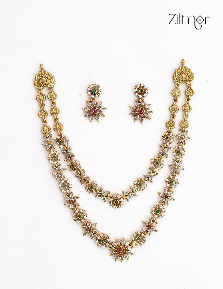 Premium Antique Double Layer Necklace Set with Matching Earrings - SC1012789