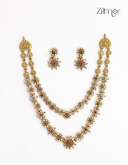 Premium Antique Double Layer Necklace Set with Matching Earrings - SC1012789