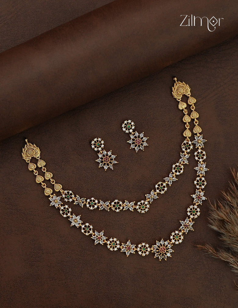 Premium Antique Double Layer Necklace Set with Matching Earrings - SC1012789