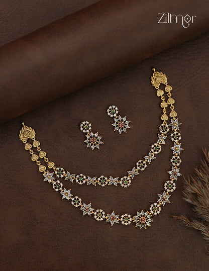 Premium Antique Double Layer Necklace Set with Matching Earrings - SC1012789