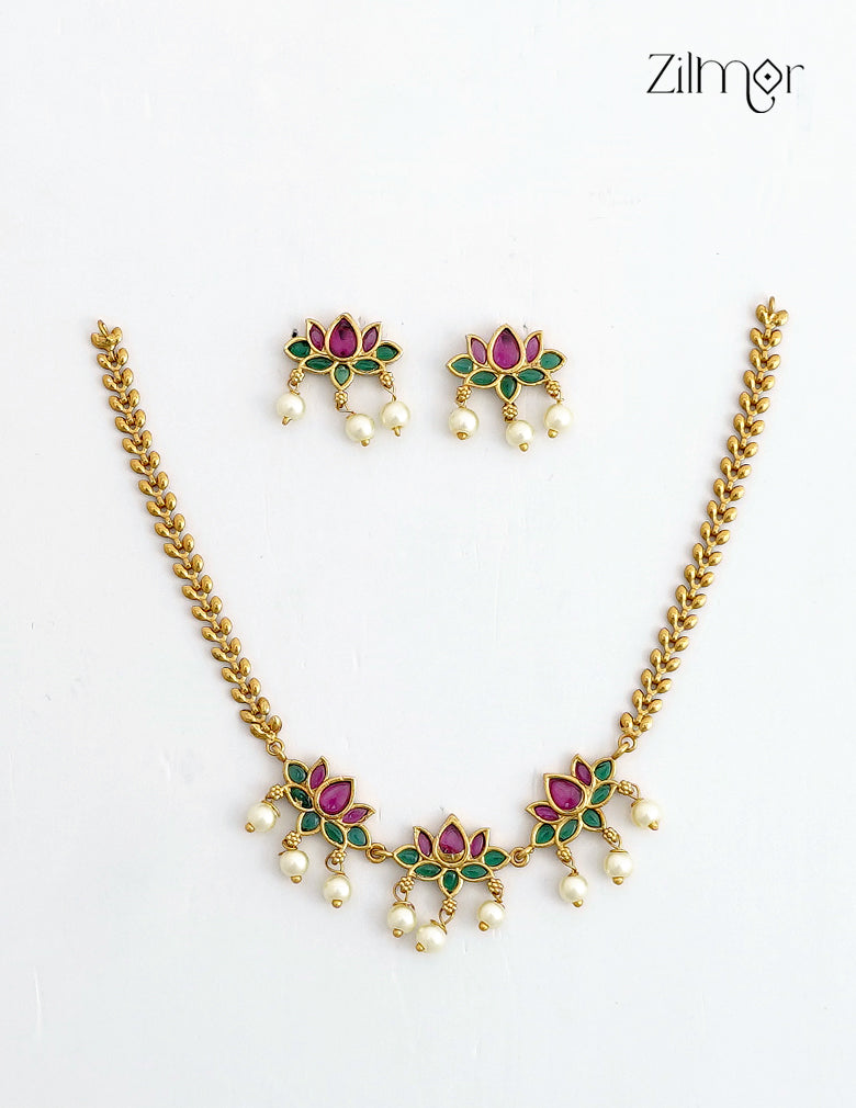 Premium Antique Lotus Necklace Set with Earrings - SN1012418