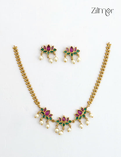Premium Antique Lotus Necklace Set with Earrings - SN1012418
