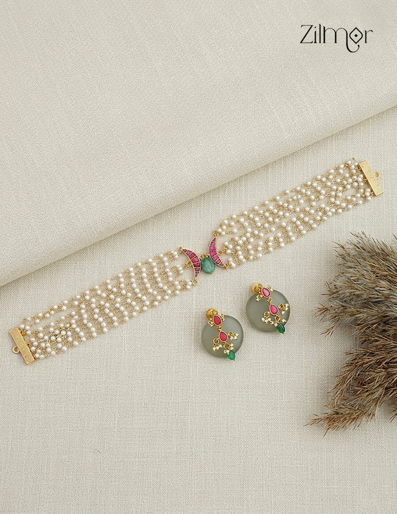 Premium Pearl Layer Choker Necklace Set with Earrings - ZO1012416
