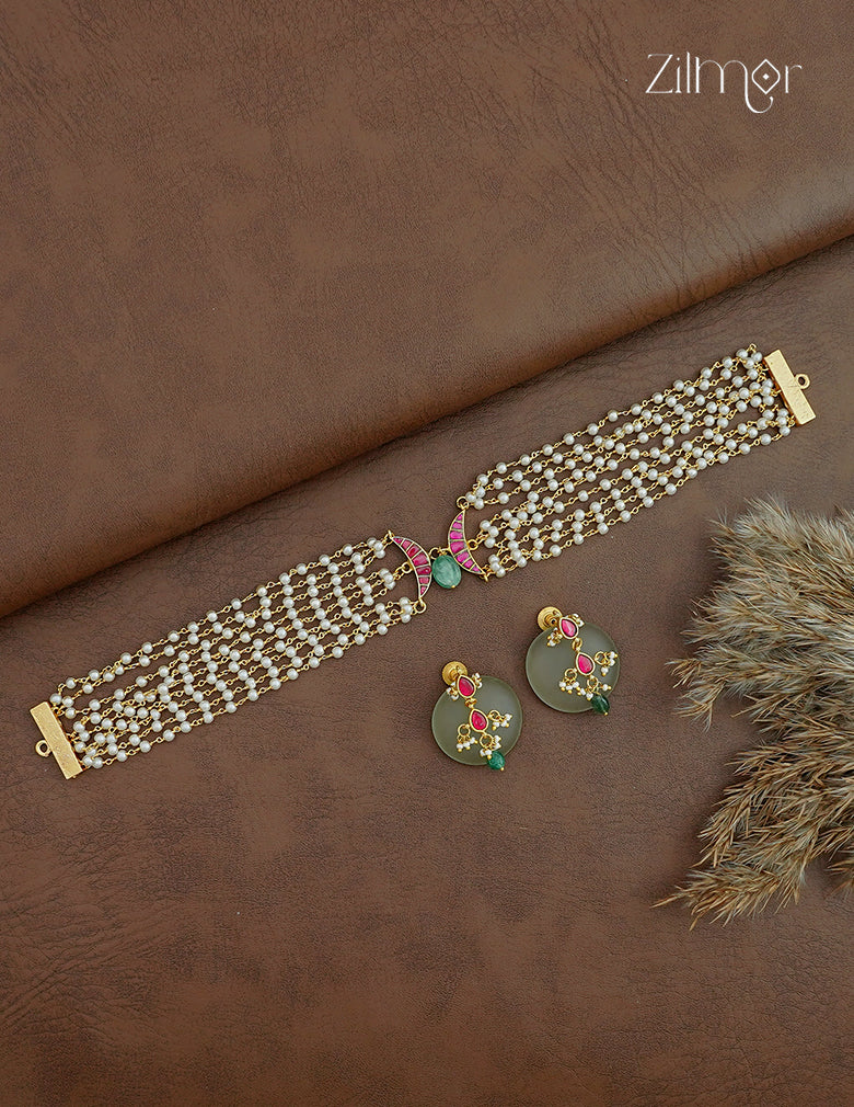 Premium Pearl Layer Choker Necklace Set with Earrings - ZO1012416