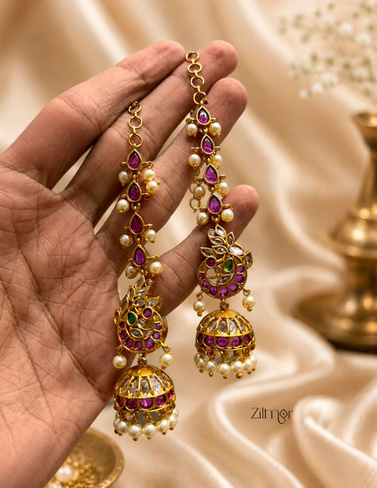 Pearl Hanging Jhumka Earrings with Ear Chain - SC1012768