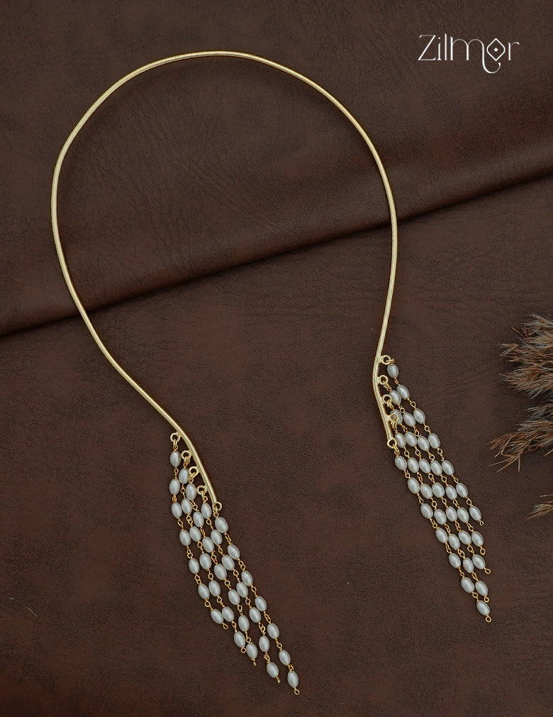 Rice Pearl Collar Hasli Choker Necklace showing graduated pearl strands at both ends of the gold-tone collar