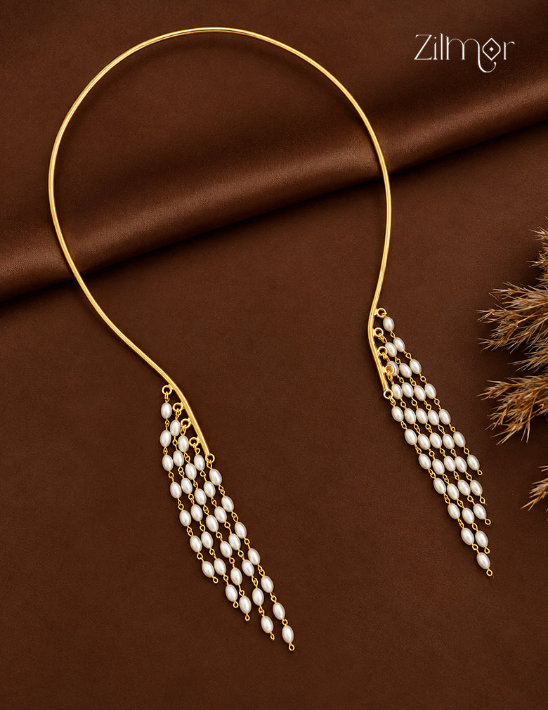 Zilmor Rice Pearl Collar Hasli Choker Necklace with a gold-tone open collar and cascading white rice-shaped pearl strands