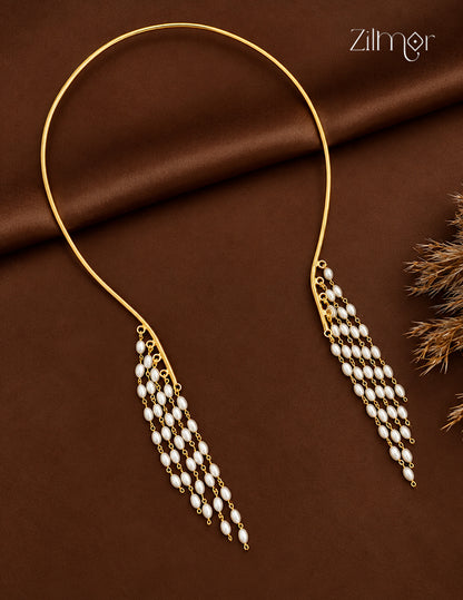Zilmor Rice Pearl Collar Hasli Choker Necklace with a gold-tone open collar and cascading white rice-shaped pearl strands