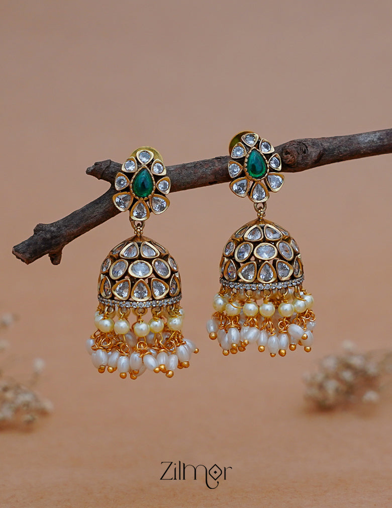 SN1011219 -Polki Stone Pearl Hanging Jumkha Earrings 1-Zilmor