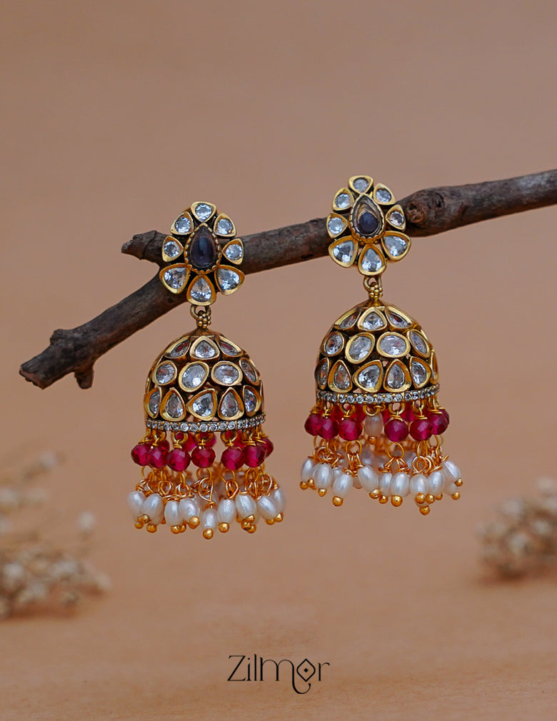 SN1011219 -Polki Stone Pearl Hanging Jumkha Earrings 3-Zilmor