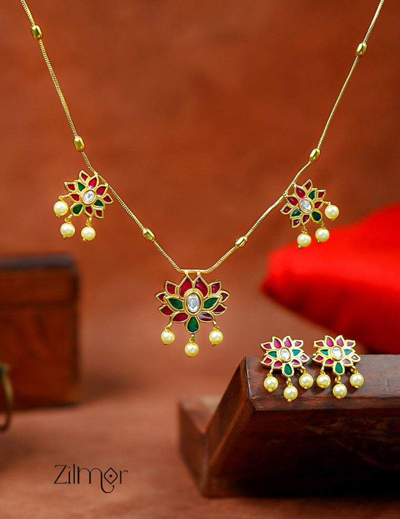 SN1011543 - Premium Antique Kemp Jadao Lotus Necklace with Earrings 1-Zilmor