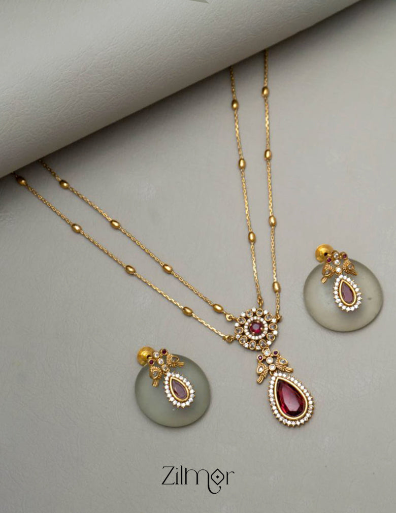 SN101509 - Premium Antique AD Stone Double Layer Long Necklace with Earrings 1-Zilmor