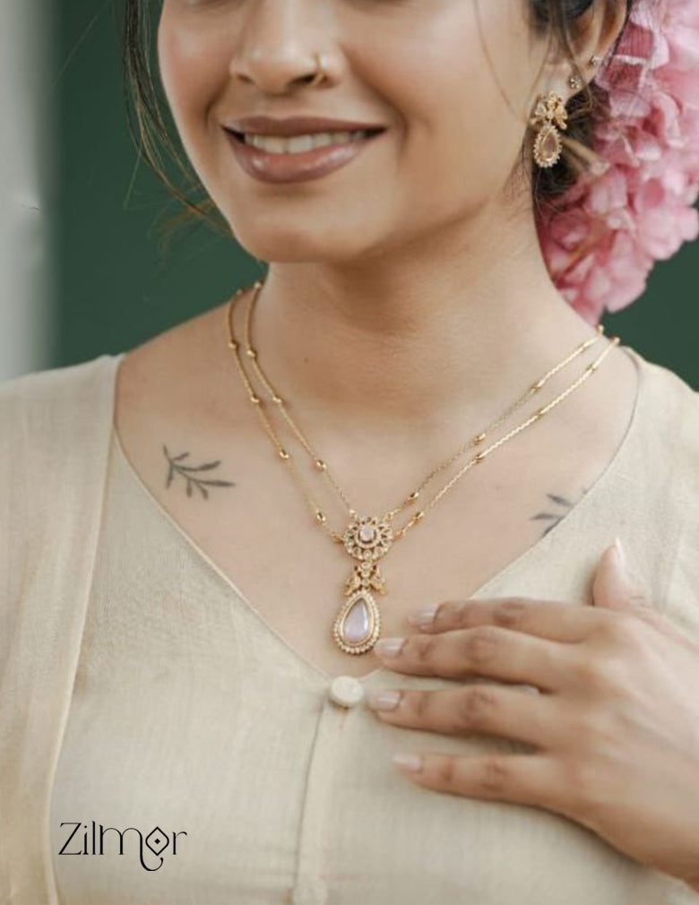 SN101509 - Premium Antique AD Stone Double Layer Long Necklace with Earrings 11-Zilmor
