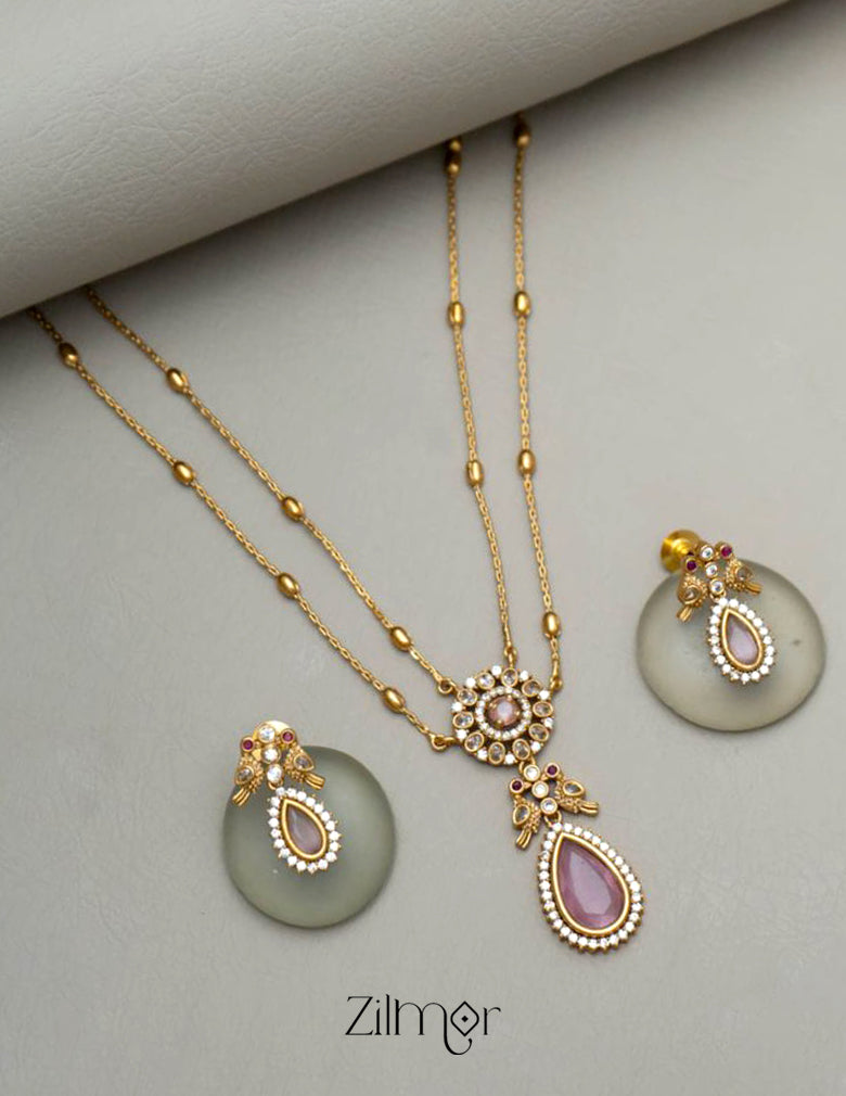 SN101509 - Premium Antique AD Stone Double Layer Long Necklace with Earrings 4-Zilmor