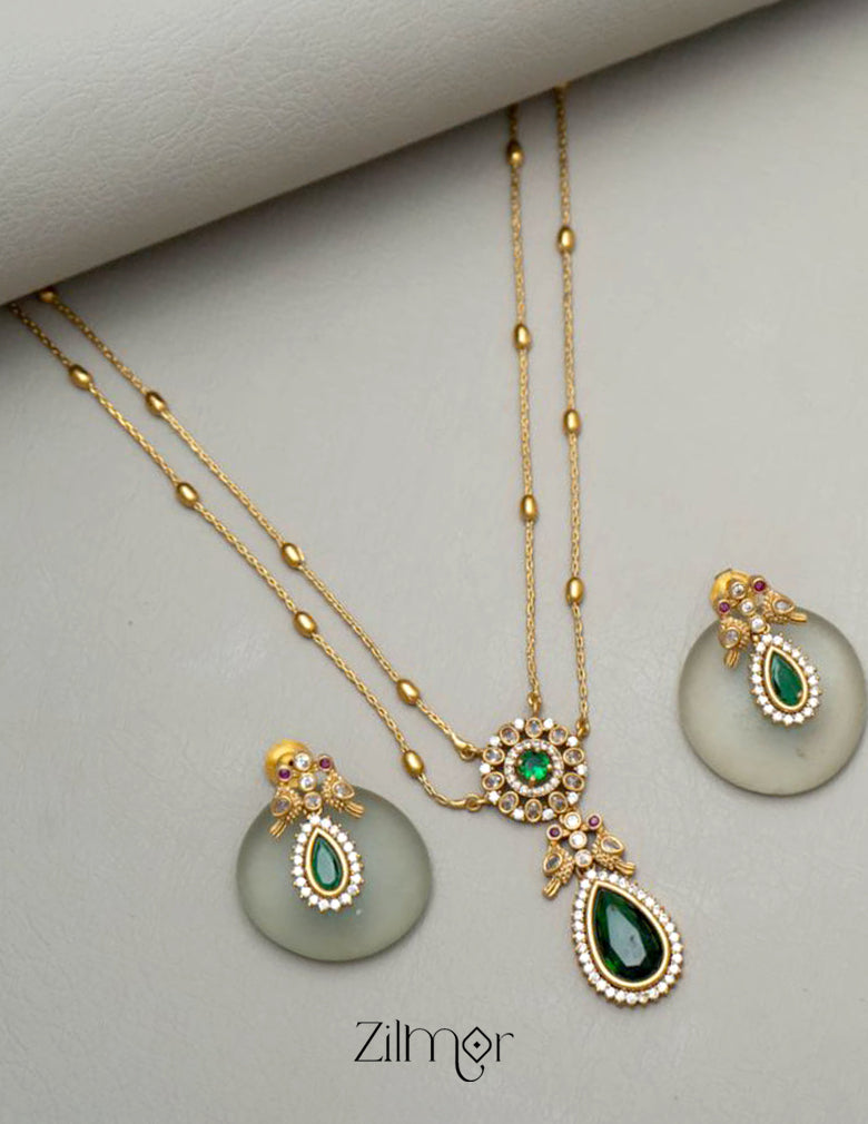 SN101509 - Premium Antique AD Stone Double Layer Long Necklace with Earrings 5-Zilmor