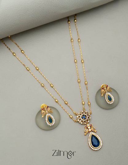 SN101509 - Premium Antique AD Stone Double Layer Long Necklace with Earrings 3-Zilmor