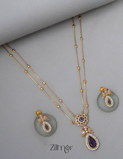 SN101509 - Premium Antique AD Stone Double Layer Long Necklace with Earrings 6-Zilmor