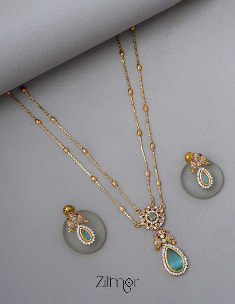 SN101509 - Premium Antique AD Stone Double Layer Long Necklace with Earrings 7-Zilmor