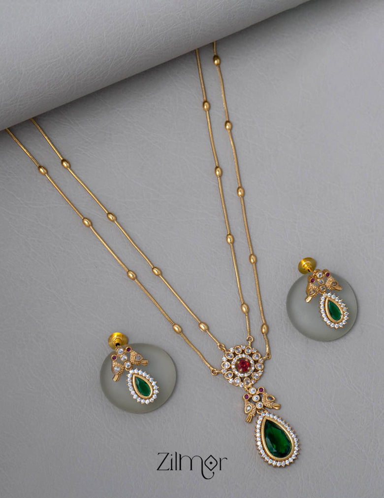 SN101509 - Premium Antique AD Stone Double Layer Long Necklace with Earrings 8-Zilmor