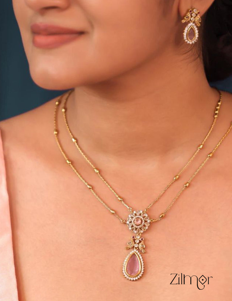 SN101509 - Premium Antique AD Stone Double Layer Long Necklace with Earrings 10-Zilmor