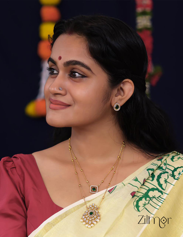 SN101785 - Premium Antique AD Stone Double Layer Long Necklace with Earrings 2-Zilmor