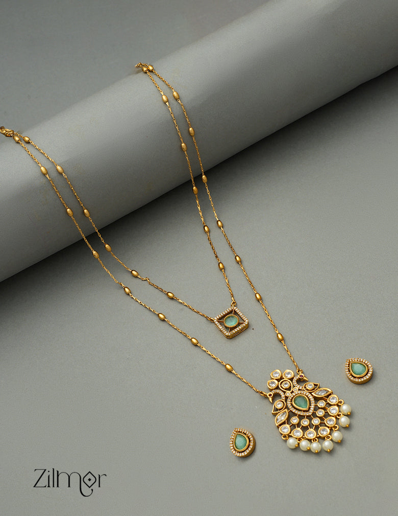 SN101785 - Premium Antique AD Stone Double Layer Long Necklace with Earrings 3-Zilmor