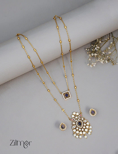 SN101785 - Premium Antique AD Stone Double Layer Long Necklace with Earrings 5-Zilmor