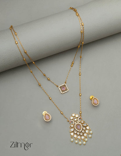 SN101785 - Premium Antique AD Stone Double Layer Long Necklace with Earrings 6-Zilmor