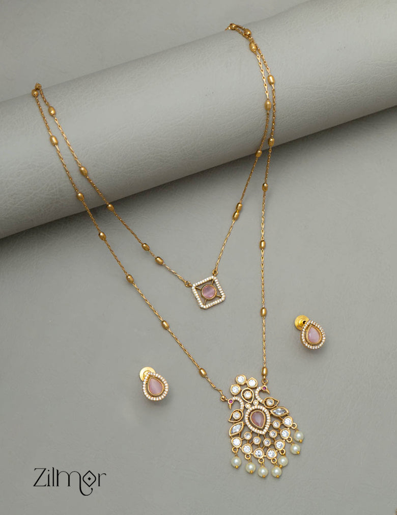 SN101785 - Premium Antique AD Stone Double Layer Long Necklace with Earrings 6-Zilmor