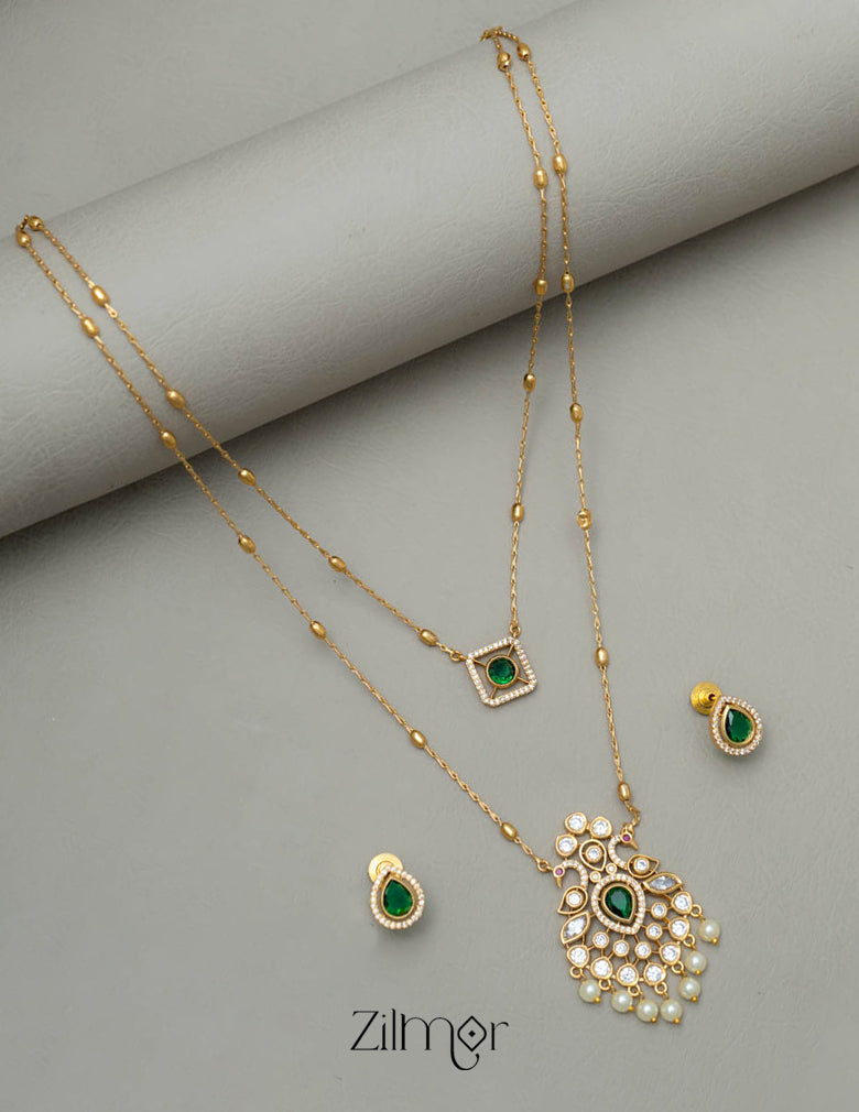 KY1011752- Premium Antique AD Stone Double Layer Long Necklace with Earrings Combo 3-Zilmor