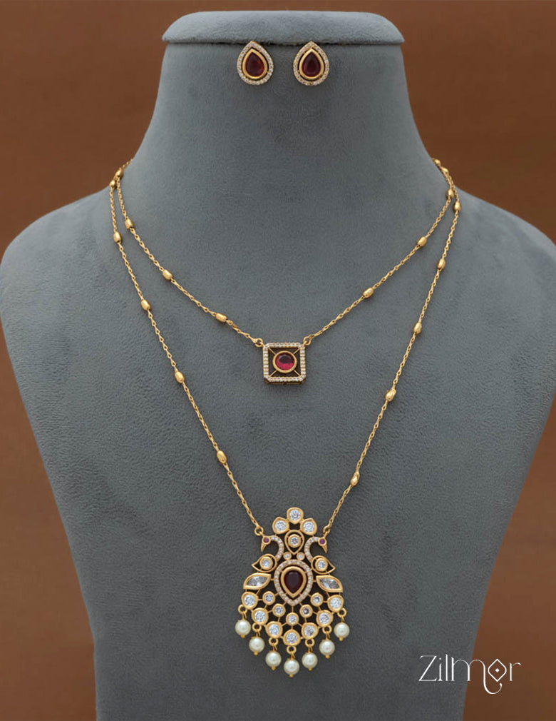 SN101785 - Premium Antique AD Stone Double Layer Long Necklace with Earrings 9-Zilmor