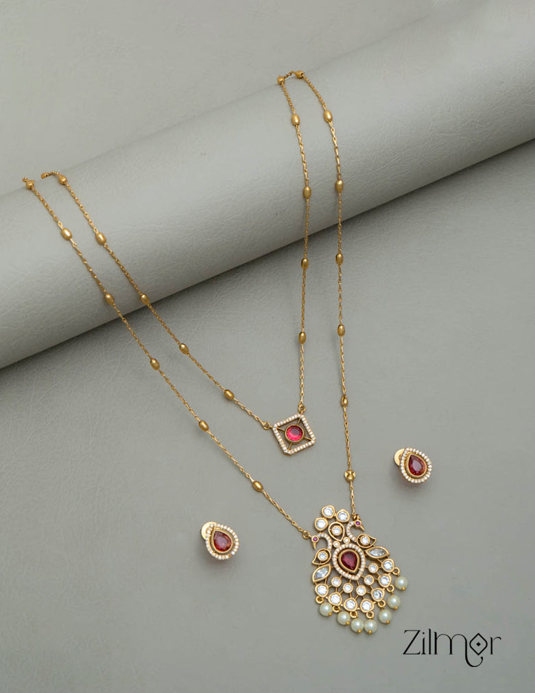 SN101785 - Premium Antique AD Stone Double Layer Long Necklace with Earrings 10-Zilmor