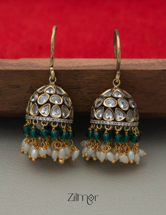 SN101915  - Polki Kundan Stone And Pearl Hoop Jhumka Earrings