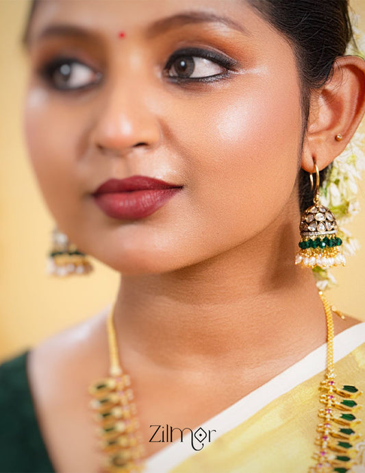 SN101915  - Polki Kundan Stone And Pearl Hoop Jhumka Earrings