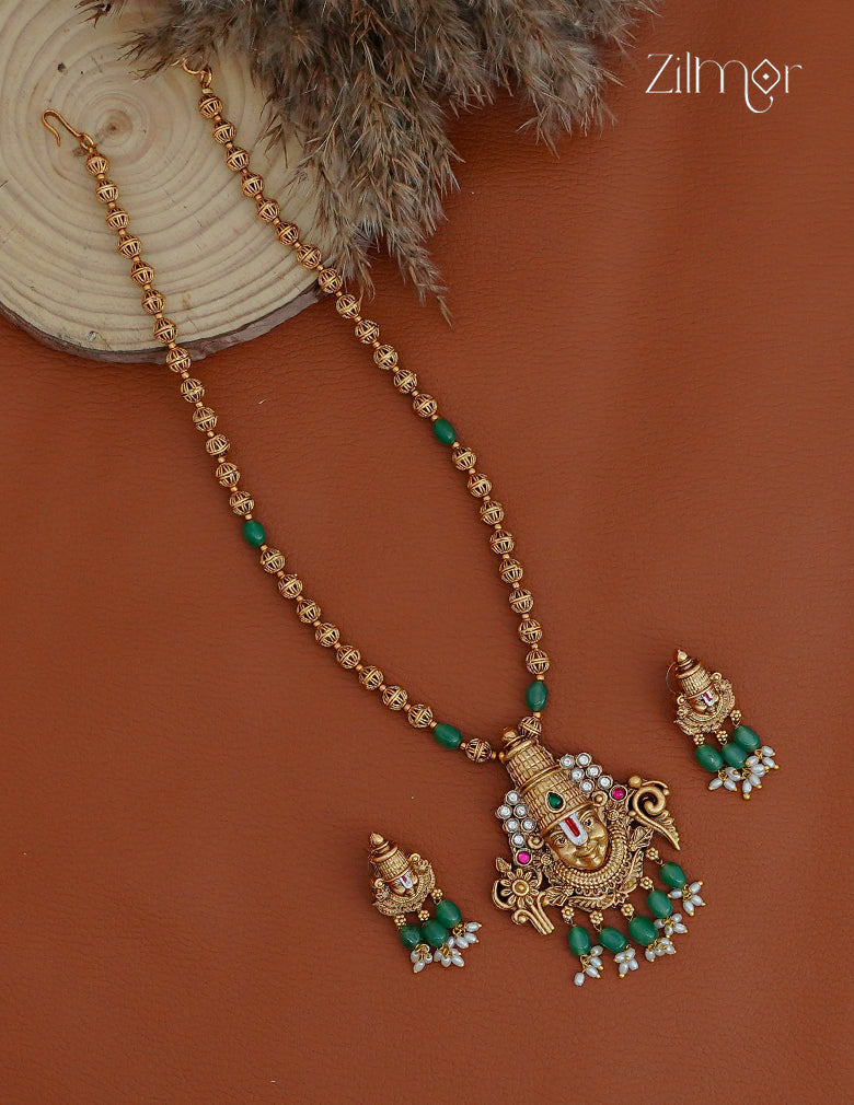 Shanku Chakra Perumal Pendant Long Necklace Earrings Set - KA1012367
