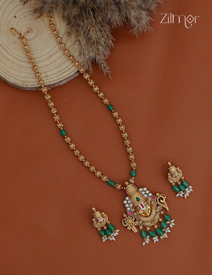Shanku Chakra Perumal Pendant Long Necklace Earrings Set - KA1012367