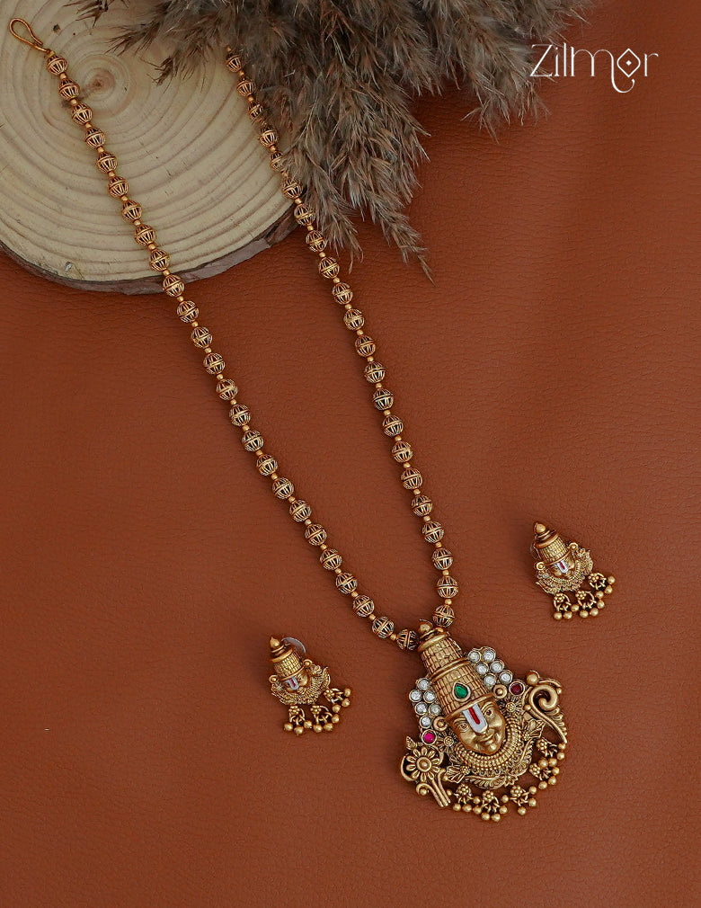 Shanku Chakra Perumal Pendant Long Necklace Earrings Set - KA1012367