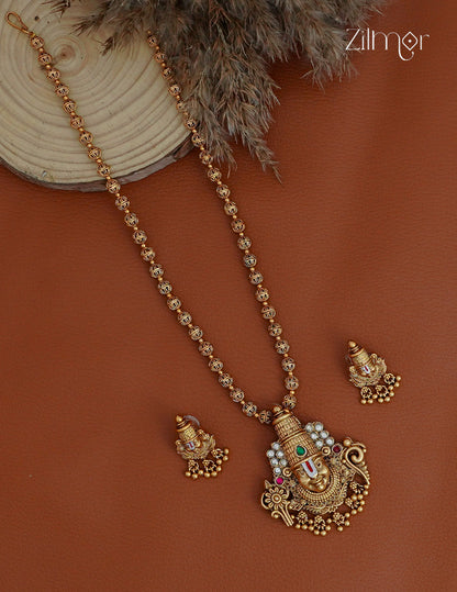 Shanku Chakra Perumal Pendant Long Necklace Earrings Set - KA1012367