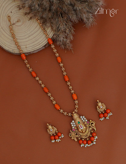 Shanku Chakra Perumal Pendant Long Necklace Earrings Set - KA1012367