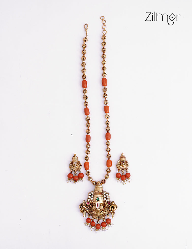 Shanku Chakra Perumal Pendant Long Necklace Earrings Set - KA1012367
