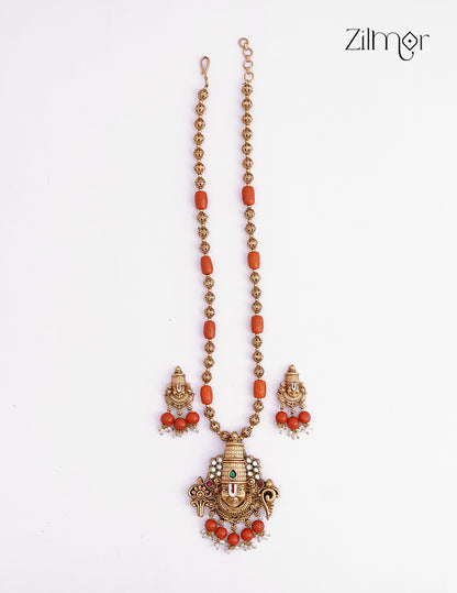 Shanku Chakra Perumal Pendant Long Necklace Earrings Set - KA1012367