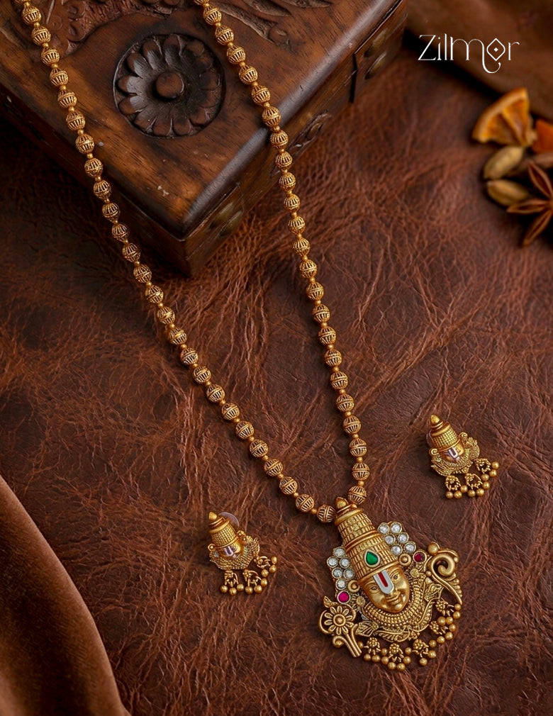 Shanku Chakra Perumal Pendant Long Necklace Earrings Set - KA1012367
