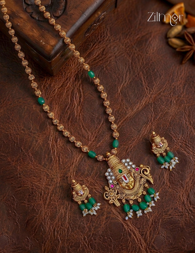 Shanku Chakra Perumal Pendant Long Necklace Earrings Set - KA1012367
